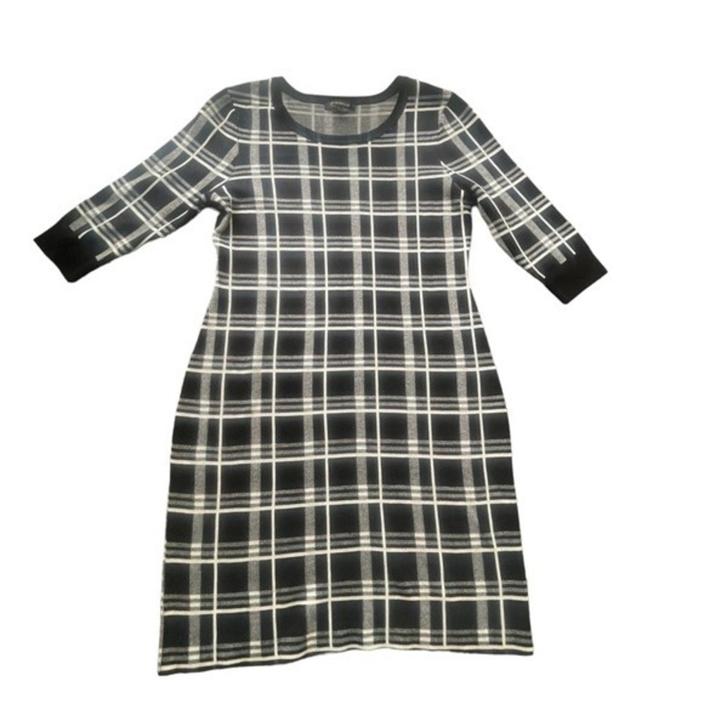 Ellen Weaver Black/Cream Bold Plaid 3/4 Sleeves Sweater Dress Women's Size Med